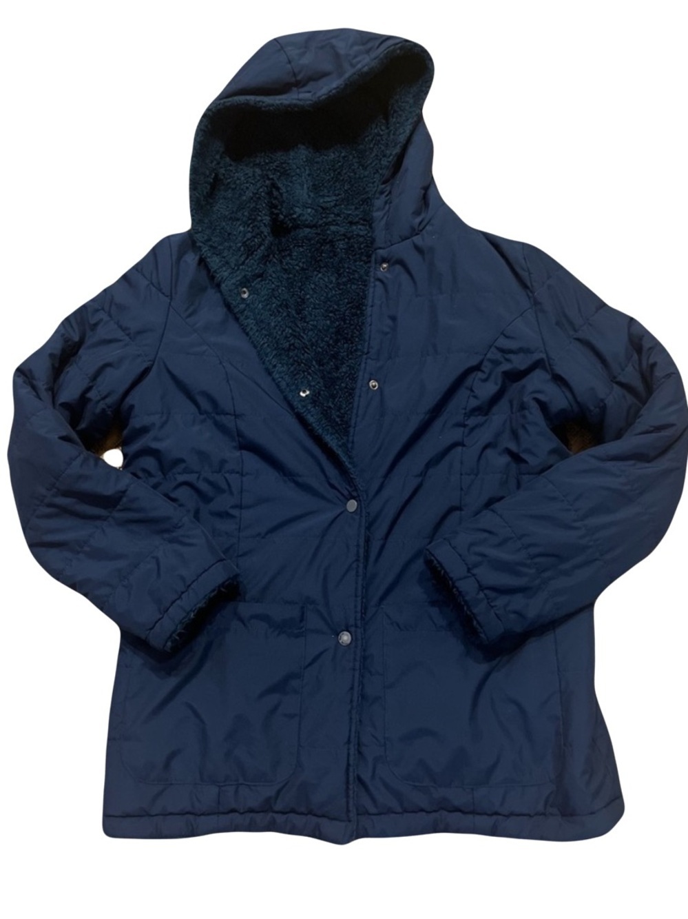 Halogen Reversible Navy Sherpa Lined Hooded Coat Gorpcore Après Ski Cozy Winter